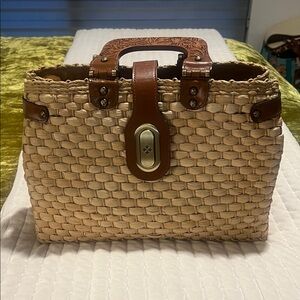 Patricia Nash Woven Tan Handbag with Brown Accents, wooden handals